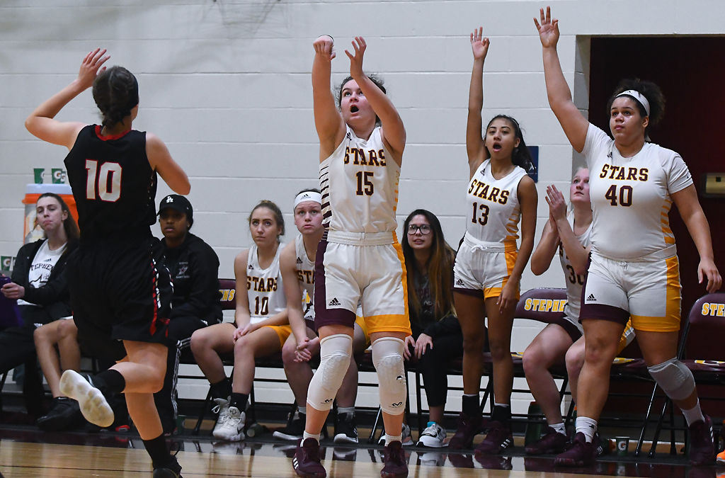 Stephens bench celebrates as Lyndsey Hood attempts a three-point shot